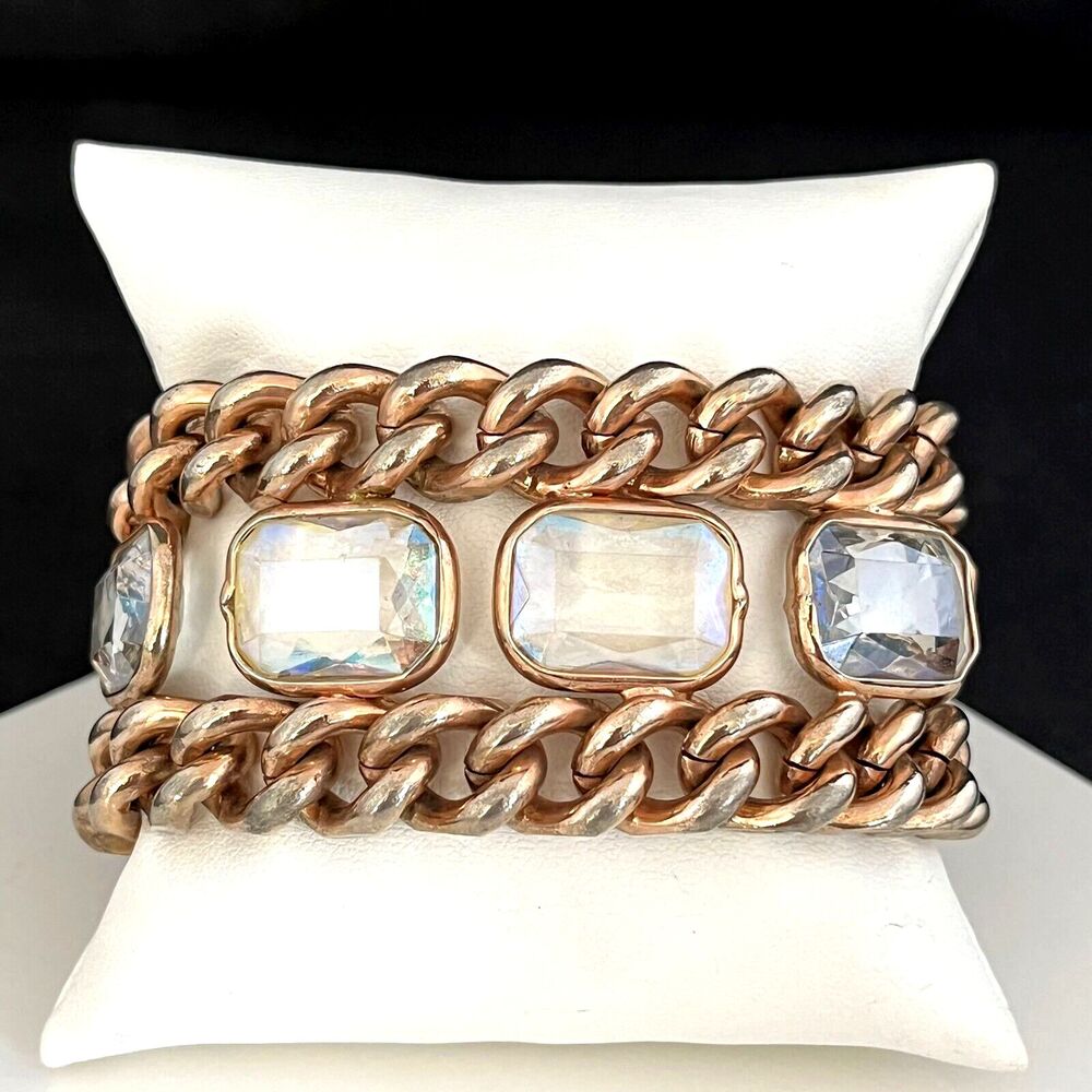Vintage 1990s Kirks Folly Crystal Bracelet Rose Gold Tone Statement Rare - 7J